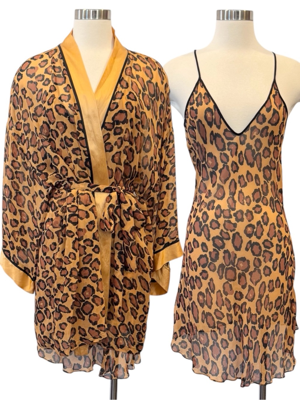 Frederick’s of Hollywood 100% Silk Leopard Vintage 70s Slip Dress & Robe 2PC Set